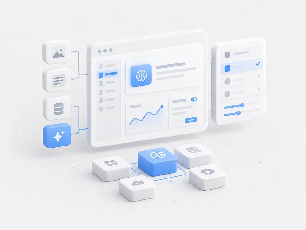 Interface d’un produit IA et SaaS entourée de ses modules, en illustration 3D